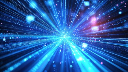 Obraz premium A futuristic holographic background with vibrant blue beams of light slicing through a digital grid of abstract tech patterns.