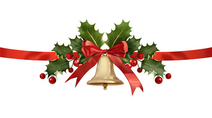 Christmas bell with a red ribbon and holly leaves, isolated on a white background