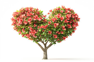 A tree with red flowers is shaped like a heart