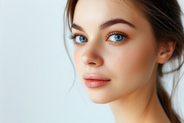 Naklejka premium A close-up shot of a woman's face with striking blue eyes