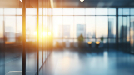 Office Interior Background for Design, Modern Workspace, Soft Focus, Office Environment, A View Through Glass Doors to a Modern Office Lobby.