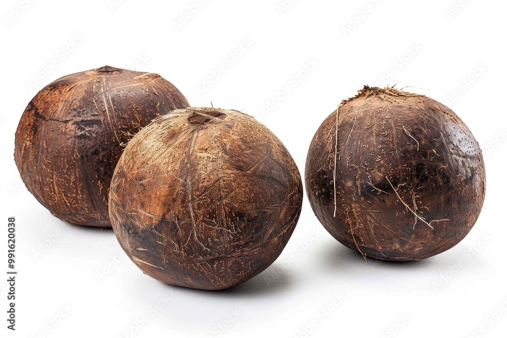 Poster three coconuts sit on a white surface, ready to be used or displayed
