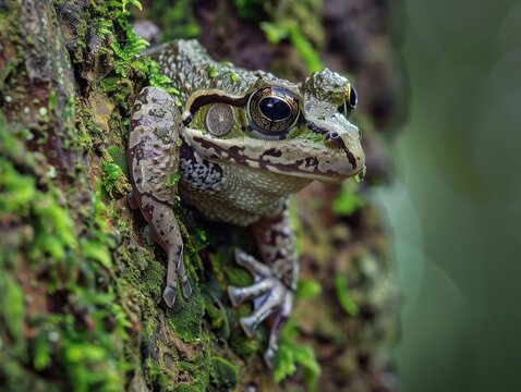 Camouflaged Jungle Frog on Mossy Bark