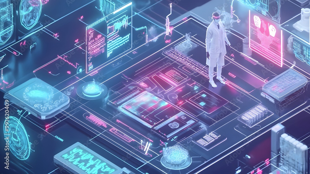 Aufkleber a futuristic scientist navigating a digital interface with holographic displays