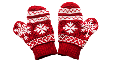 Pair of red mittens with snowflake patterns, isolated on a white background