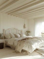 Fototapeta premium Vintage Farmhouse Bedroom Interior with Rustic Decor and Wicker Furniture