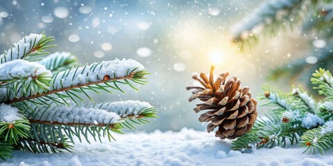 Winter forest scene with snow-covered spruce branches and pine cone in nature