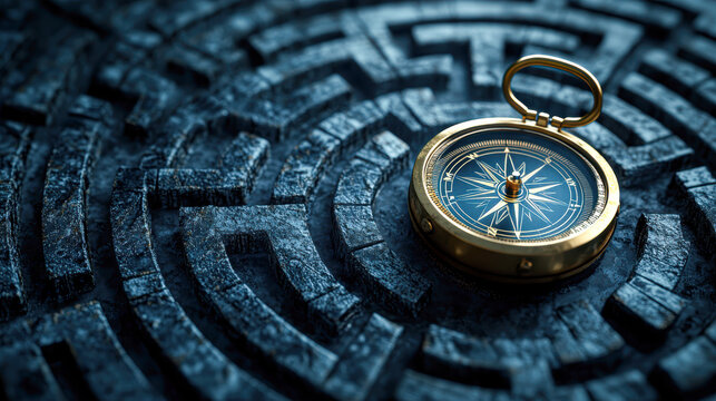 A golden compass is on a stone floor
