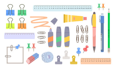 Stationery set, blank square paper form for taking notes, pens, pencil, markers, rulers, paper clips, push pins, glue, adhesive tape. Vector illustration on white isolated background in flat style.