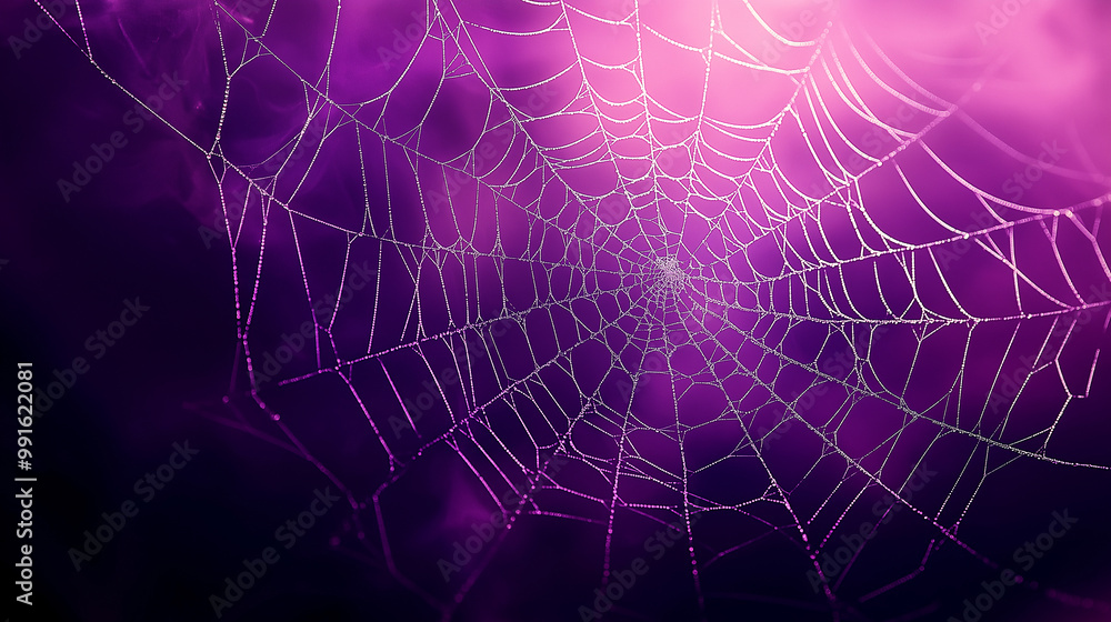 Wall mural simple spider web with thin white lines over purple background in eerie design for website backgroun