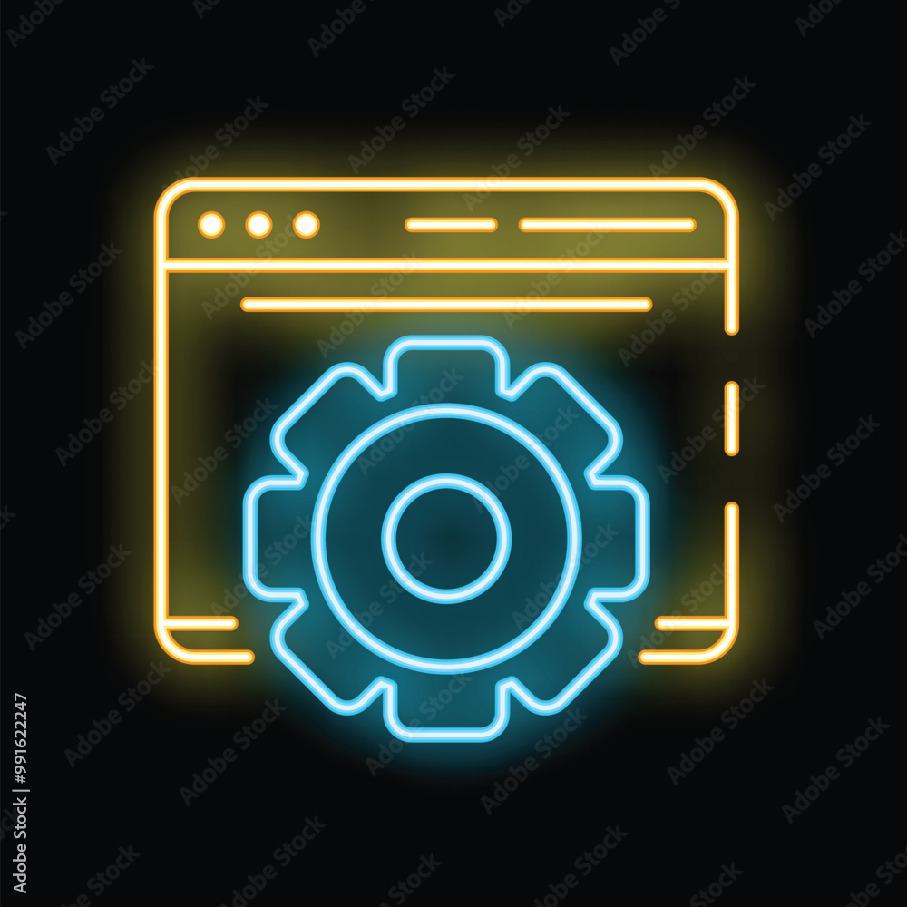 Poster neon glowing icon of a browser window with a gear representing the web development process