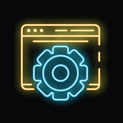 Neon glowing icon of a browser window with a gear representing the web development process