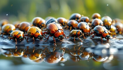 Synchronized swimming performance by beetles in a puddle, highlighting the surprising abilities of aquatic insects in a whimsical display.