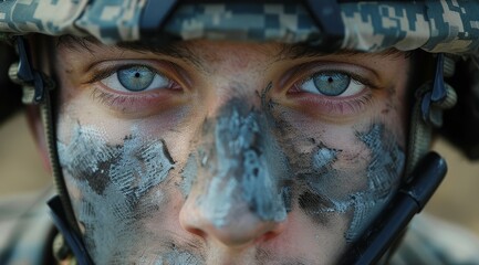 Fototapeta premium Camouflaged Soldier's Intense Gaze