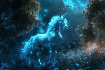 A mystical unicorn stands in a magical forest, illuminated by shimmering stars and ethereal light, creating an enchanting atmosphere.