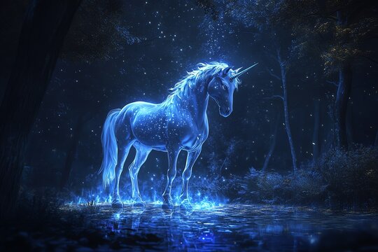 A mystical unicorn stands in a serene blue forest, surrounded by sparkling lights and a magical atmosphere, evoking dreams and wonder.