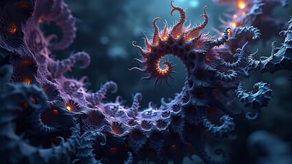 Obraz premium An abstract dark background with mesmerizing intricate fractal patterns. The complex geometry and subtle gradients create a sense of depth and mystery, perfect for digital art.