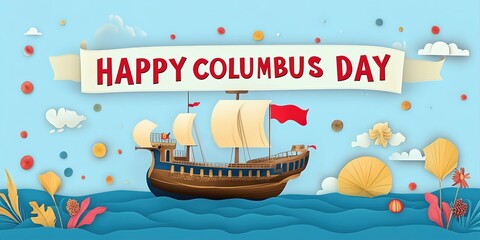 Happy Columbus Day National Usa Holiday Greeting Card With Ship In Ocean Sea Water.  Illustration