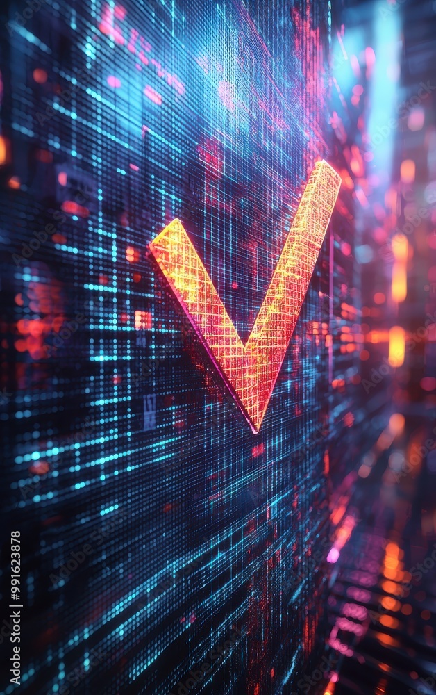 Poster digital check mark in a neon futuristic cyber background representing technology, data, and authenti