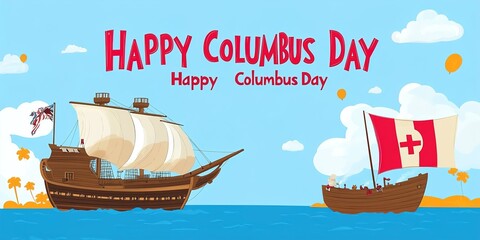 Happy Columbus Day National Usa Holiday Greeting Card With Ship In Ocean Sea Water.  Illustration