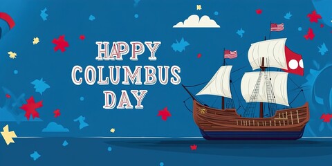 Happy Columbus Day National Usa Holiday Greeting Card With Ship In Ocean Sea Water.  Illustration
