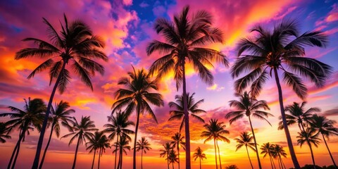 Fototapeta premium Tropical palm trees silhouettes against vibrant pink purple orange sunset sky background