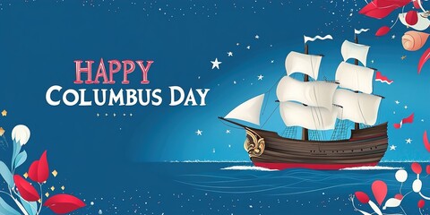 Happy Columbus Day National Usa Holiday Greeting Card With Ship In Ocean Sea Water.  Illustration