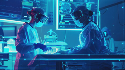A surgeon and nurse working together with holographic tools that project their combined efforts in real-time, allowing for precise and synchronized movements