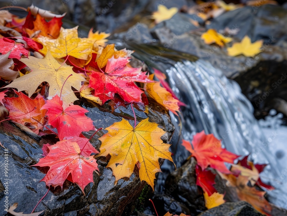 Sticker Autumn Cascade: Colorful Foliage Embracing Rocks