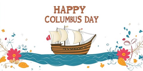 Happy Columbus Day National Usa Holiday Greeting Card With Ship In Ocean Sea Water.  Illustration