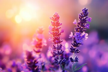 Beautiful purple flowers in the garden at sunset. Nature background. Levander flower on the garden.geneative ai