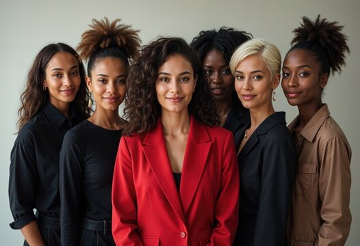 A group of diverse women in red suits and black shirts pose for a photo