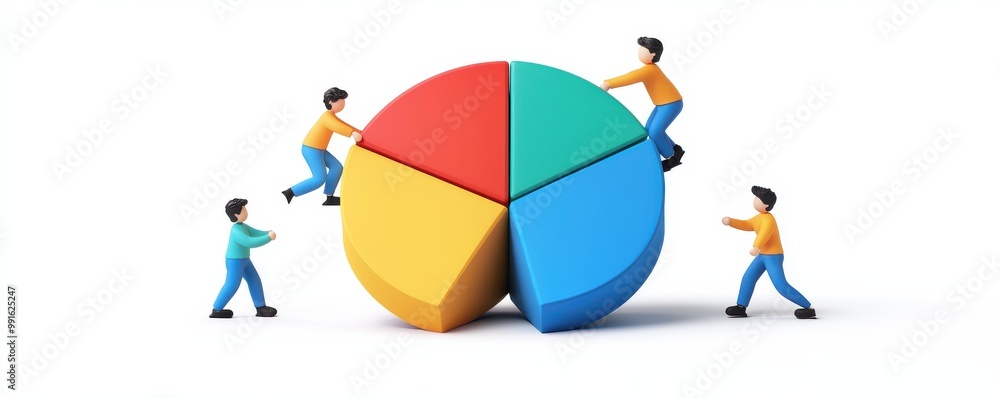Poster illustration of three people collaborating to push colorful pie chart segments representing teamwork