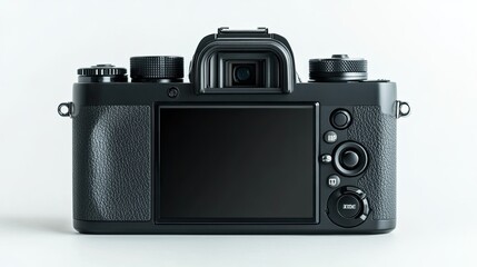 Digital black mirrorless camera, side angle showing blank LCD and buttons, isolated on white background with sharp, clear focus and full depth of field