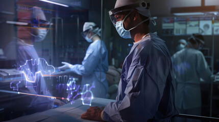 Obraz premium A surgeon at work in a holographic environment, with each movement mirrored in a virtual model that provides instant feedback and adjustments