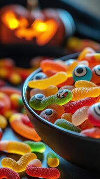 Colorful Halloween Candy Bowl Filled with Gummies
