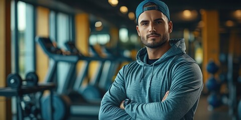 Fototapeta premium A personal trainer posing confidently in workout gear, with a dynamic blurred background of gym machines and athletes in motion