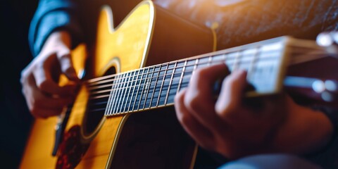 Obraz premium Close-up photo of a person strumming an acoustic guitar, highlighting fingers and guitar strings in great detail.
