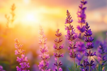 Obraz premium Beautiful purple flowers in the garden at sunset. Nature background. Levander flower on the garden.geneative ai