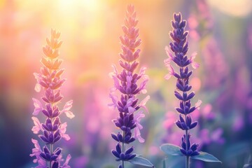 Obraz premium Beautiful purple flowers in the garden at sunset. Nature background. Levander flower on the garden.geneative ai