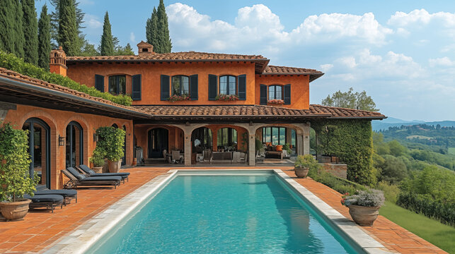 Picturesque Italian villa with terracotta roof tiles, arched windows, and a swimming pool overlooking a lush, mountainous landscape. Concept of luxury, travel, and Mediterranean lifestyle