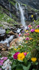 Obraz premium Spring Wildflowers by the Waterfall