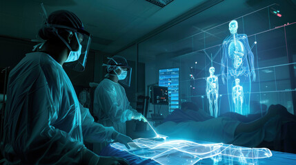 A surgeon demonstrating expertise by performing a complex surgery while guiding a team of holographic students, teaching through real-time projection