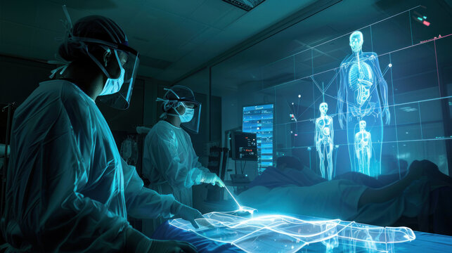 A surgeon demonstrating expertise by performing a complex surgery while guiding a team of holographic students, teaching through real-time projection