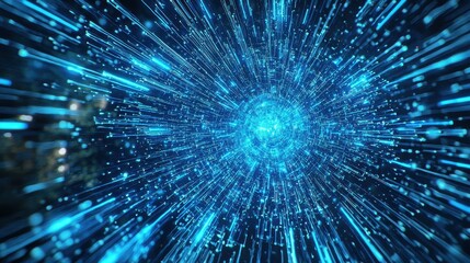 Abstract holographic beams of blue light radiating from a central point in a digital grid of modern technology symbols.