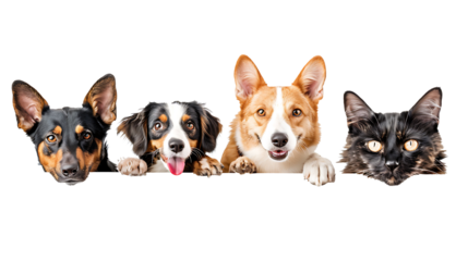 Smiling 2 Dog and 1 cat peeking over a blank white board on withe background 