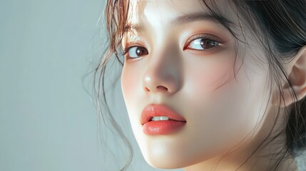 Fototapeta premium Elegant portrait of an Asian woman with glowing skin, natural makeup, and minimal accessories, highlighting her radiant complexion, perfect for beauty and skincare promotions.