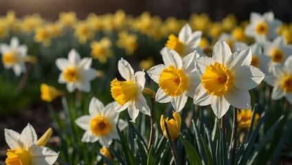 Daffodil flowers with sun spikes, emphasizing spring vibrancy.