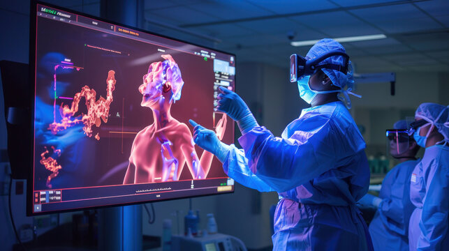 A surgeon demonstrating expertise by performing a complex surgery while guiding a team of holographic students, teaching through real-time projection
