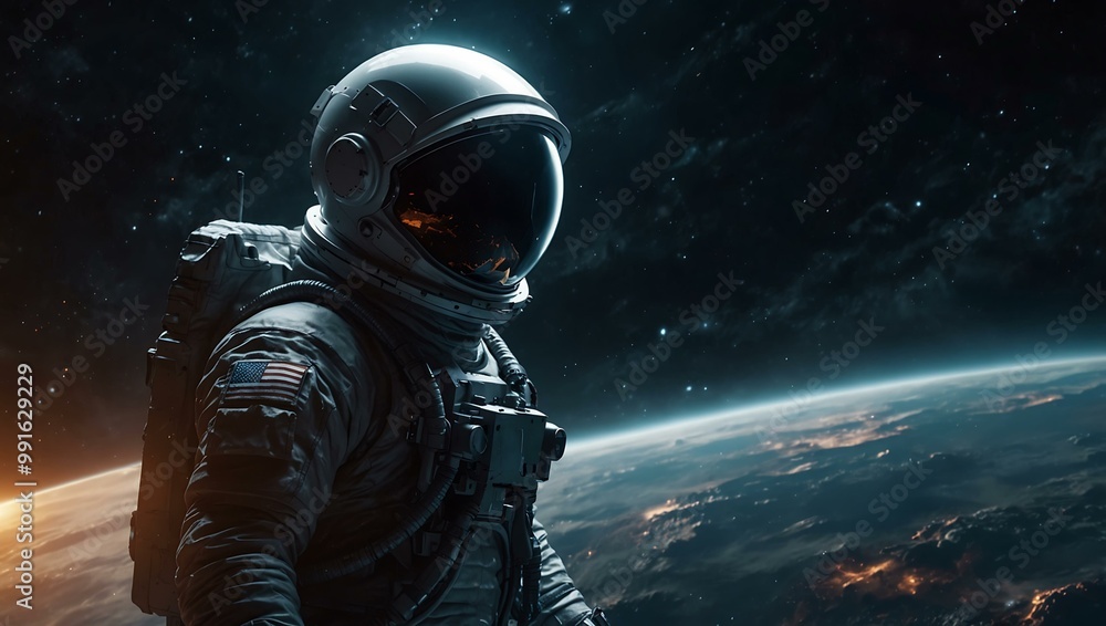 Poster daring astronaut navigating a dark sci-fi universe.